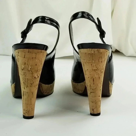 Stuart Weitzman 10M Exsling Peep Toe Slingback Cork Platform Heels Black Patent - Picture 11 of 12